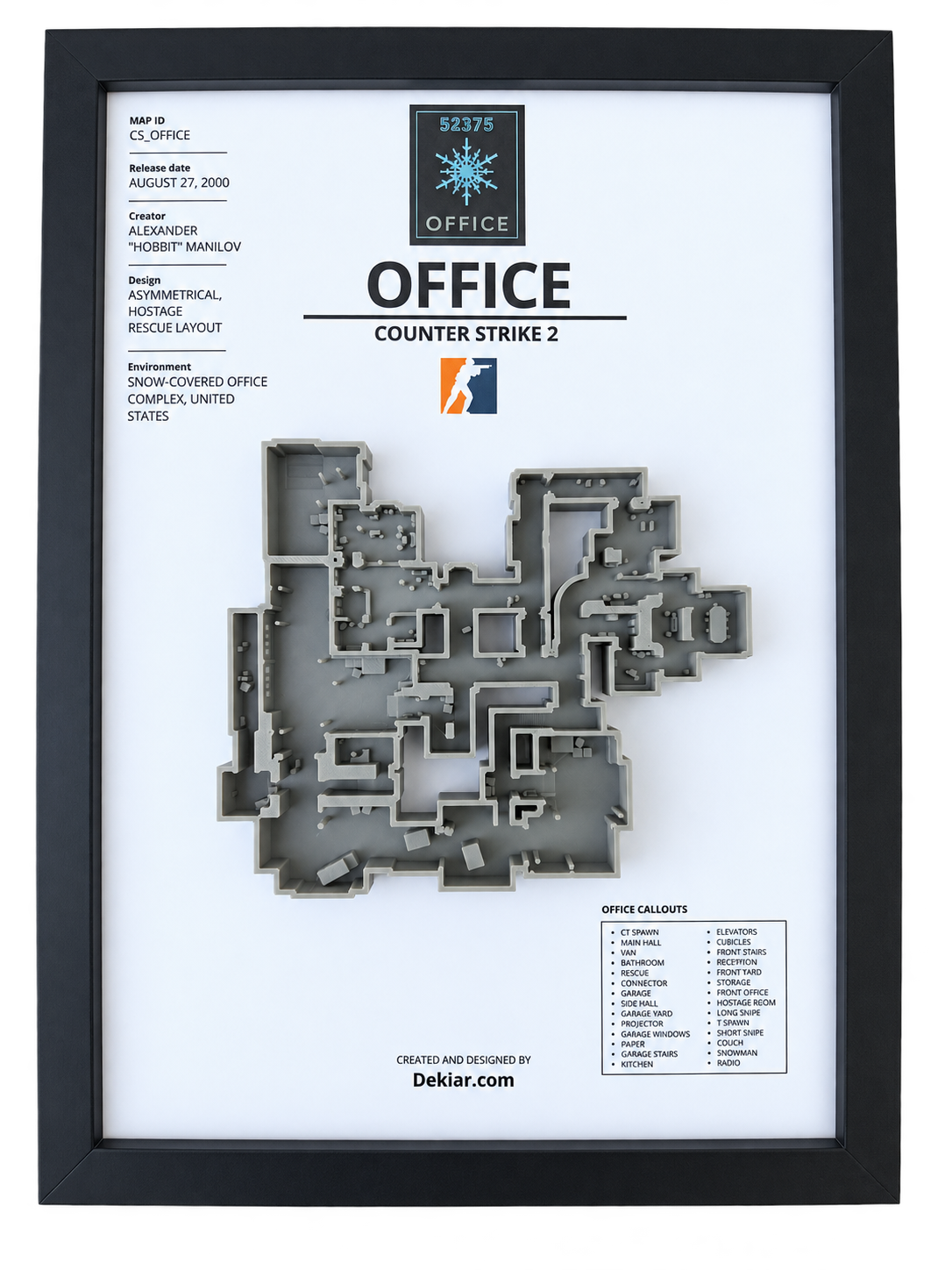 Office 3D map framed in A4, Counter-Strike 2 wall art hung above a desk