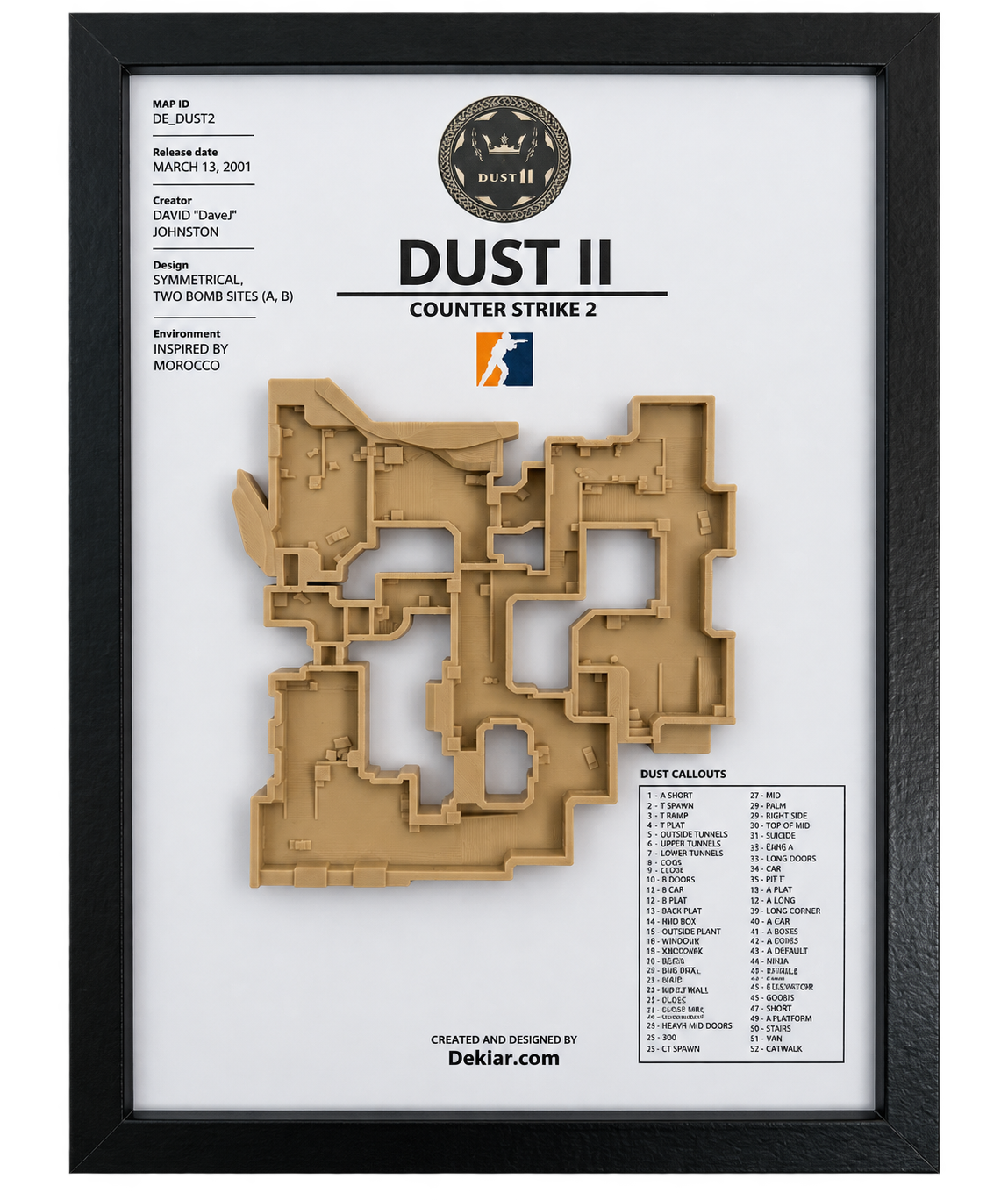 Dust II 3D map framed in A4, Counter-Strike 2 wall art hung above a desk