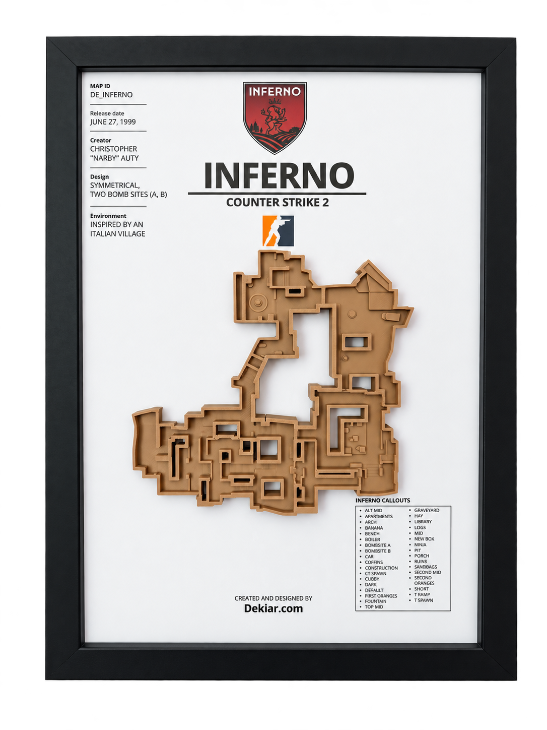 Inferno 3D map framed in A4, Counter-Strike 2 wall art hung above a desk