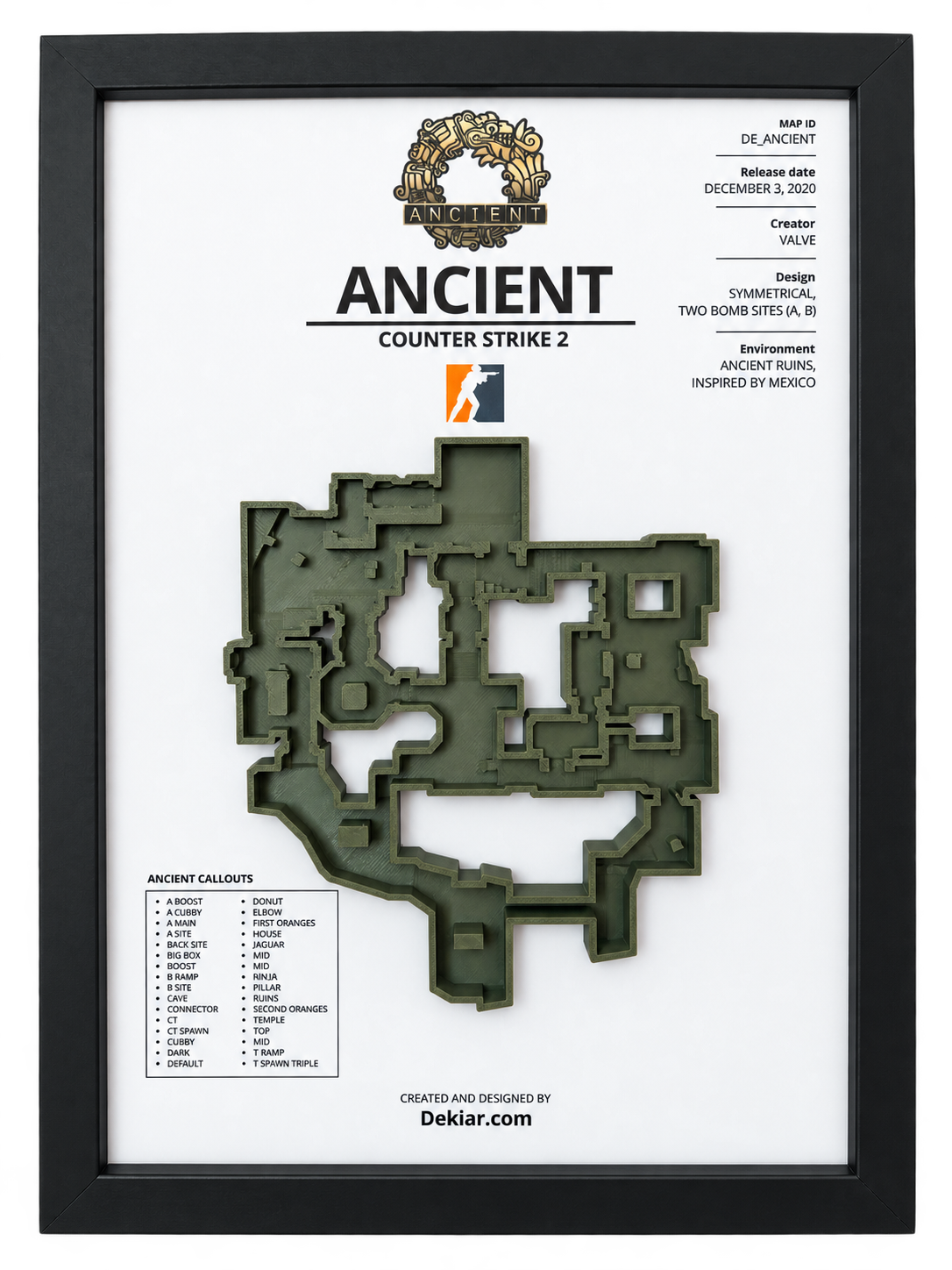 Ancient 3D map framed in A4, Counter-Strike 2 wall art hung above a desk