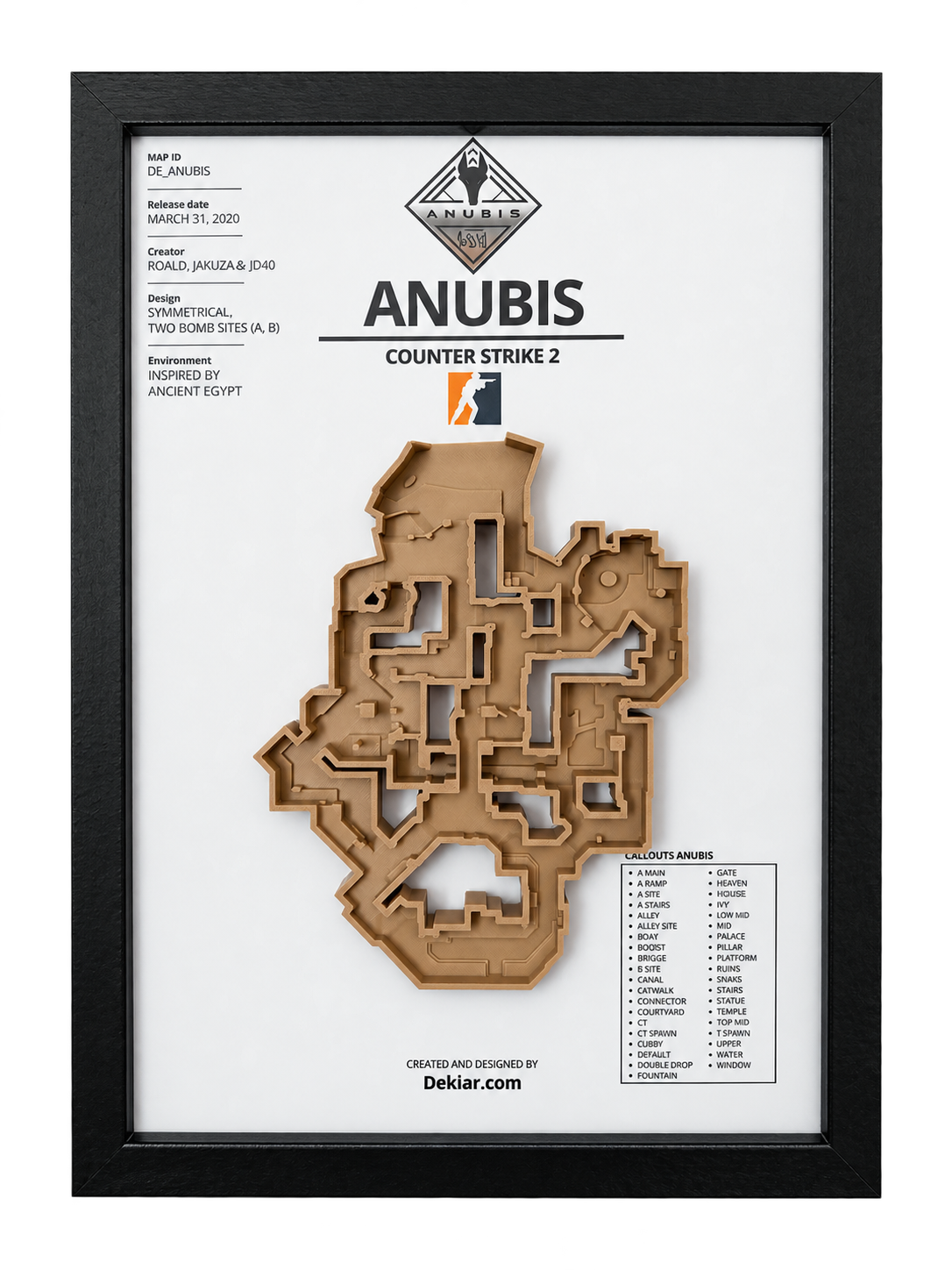 Anubis 3D map framed in A4, Counter-Strike 2 wall art hung above a desk