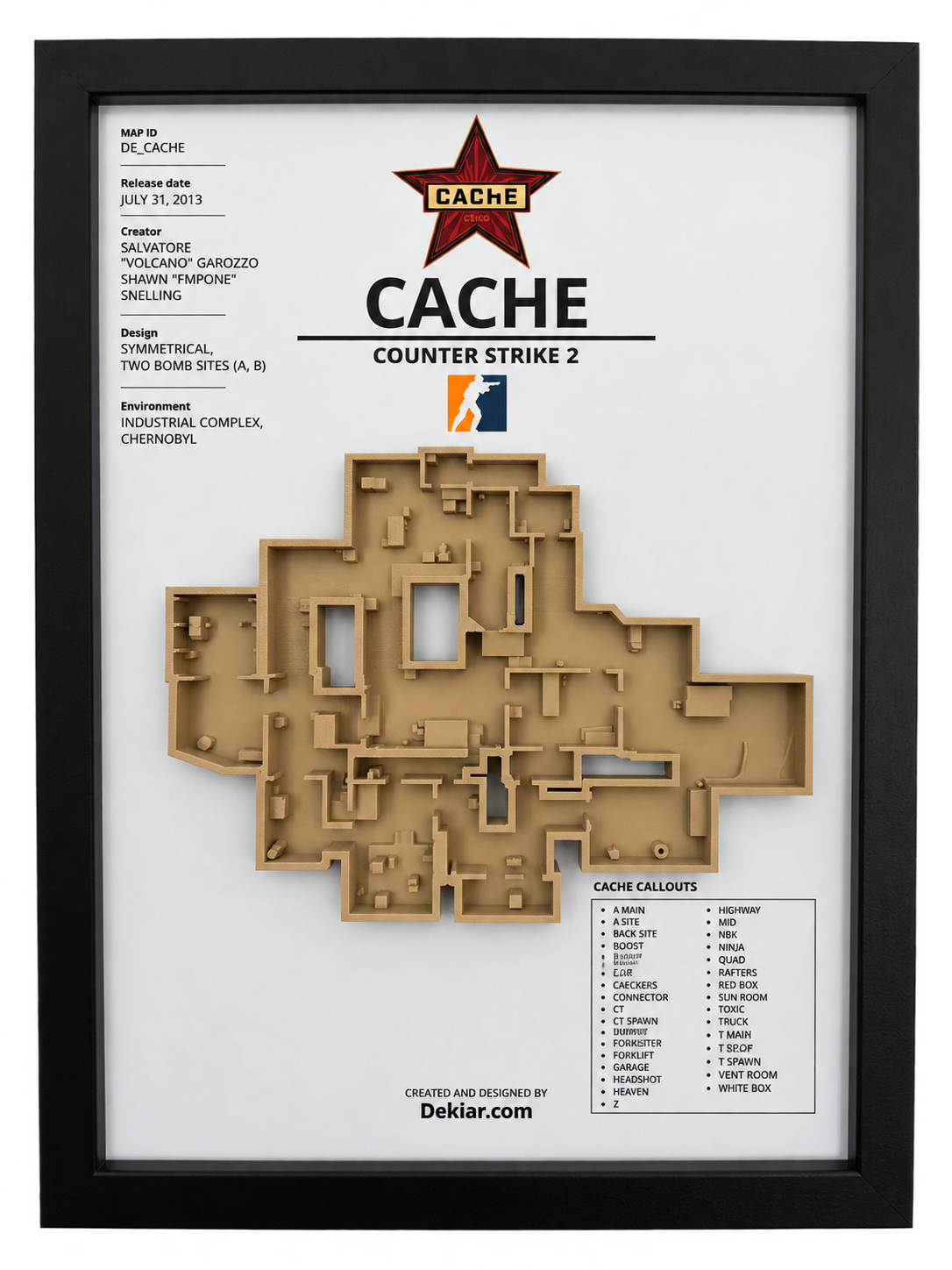 Cache 3D map framed in A4, Counter-Strike wall art hung above a desk