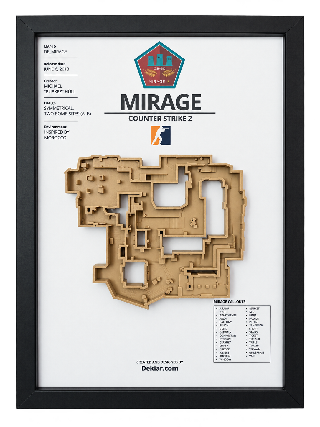 Mirage 3D map framed in A4, Counter-Strike 2 wall art hung above a desk