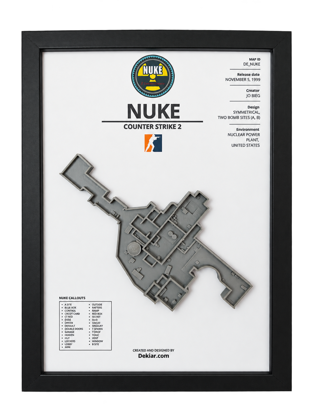 Nuke 3D map framed in A4, Counter-Strike 2 wall art hung above a desk
