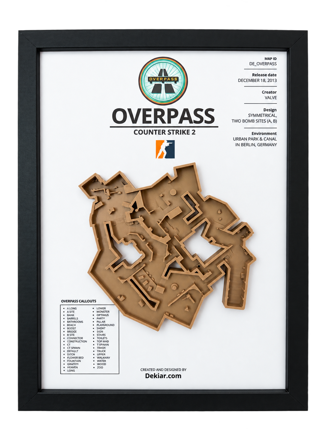 Overpass 3D map framed in A4, Counter-Strike 2 wall art hung above a desk
